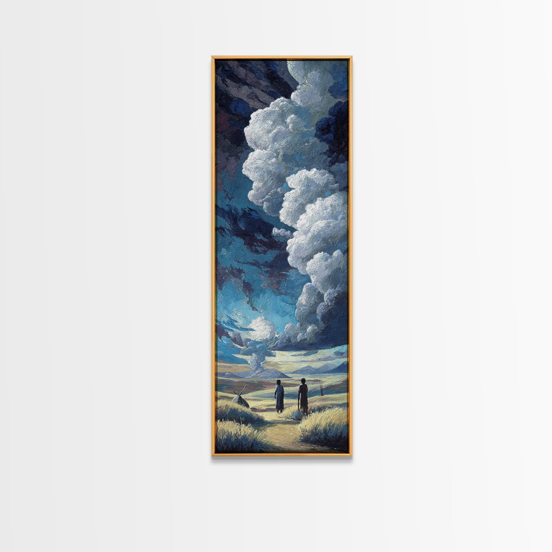 Two Figures Beneath Dramatic Storm Clouds Canvas Print, African Landscape Wall Art, Moody Blue Safari Decor For Home Gift