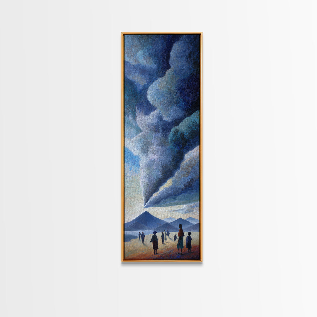 Figures Facing A Whirling Cloud Plume Canvas Print, African Landscape Wall Art, Volcano Sky, Mystical Safari Decor Gift For Home