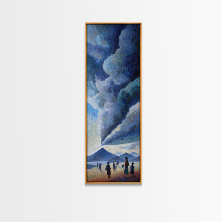 Figures Facing A Whirling Cloud Plume Canvas Print, African Landscape Wall Art, Volcano Sky, Mystical Safari Decor Gift For Home