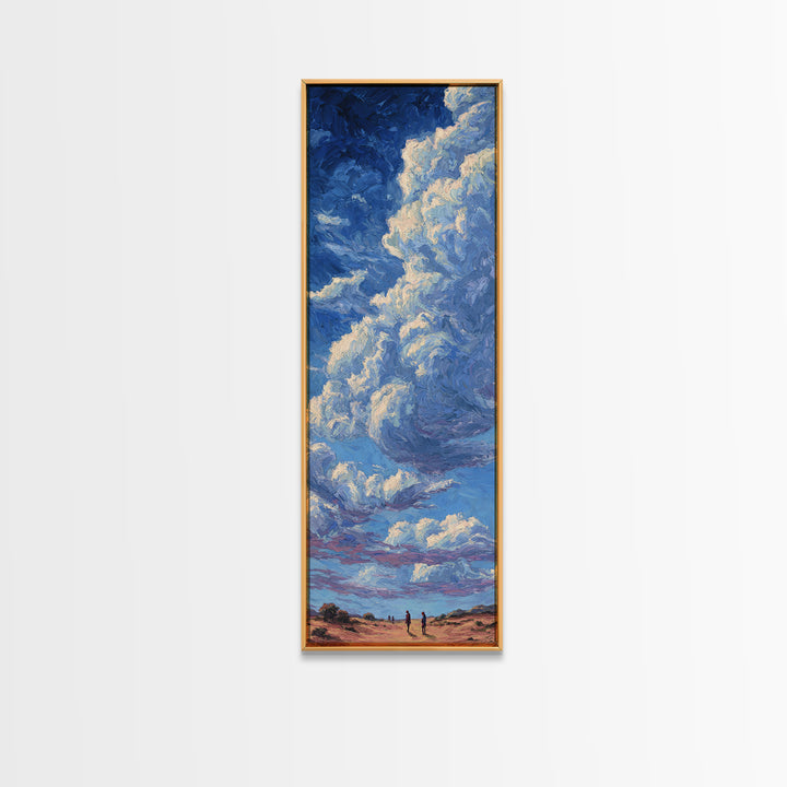 Desert Walkers Under Sculpted Blue Clouds Wall Art, African Landscape Canvas Print, Modern Safari Decor For Living Room Gift