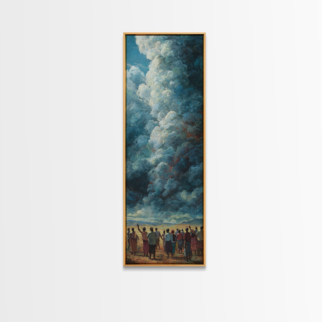 Towering Blue Clouds Above African Gathering Canvas Print, Afrocentric Wall Decor, Dramatic Sky Painting, Cultural Art Gift