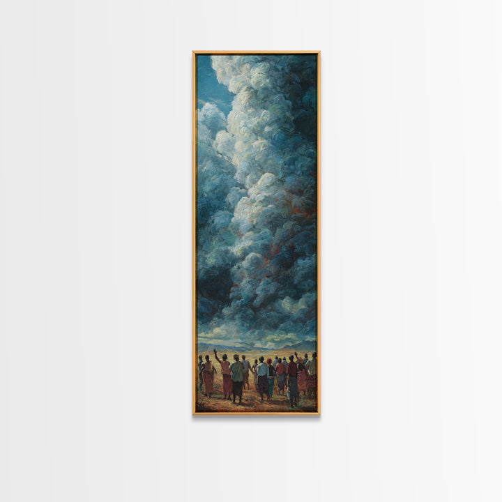 Towering Blue Clouds Above African Gathering Canvas Print, Afrocentric Wall Decor, Dramatic Sky Painting, Cultural Art Gift