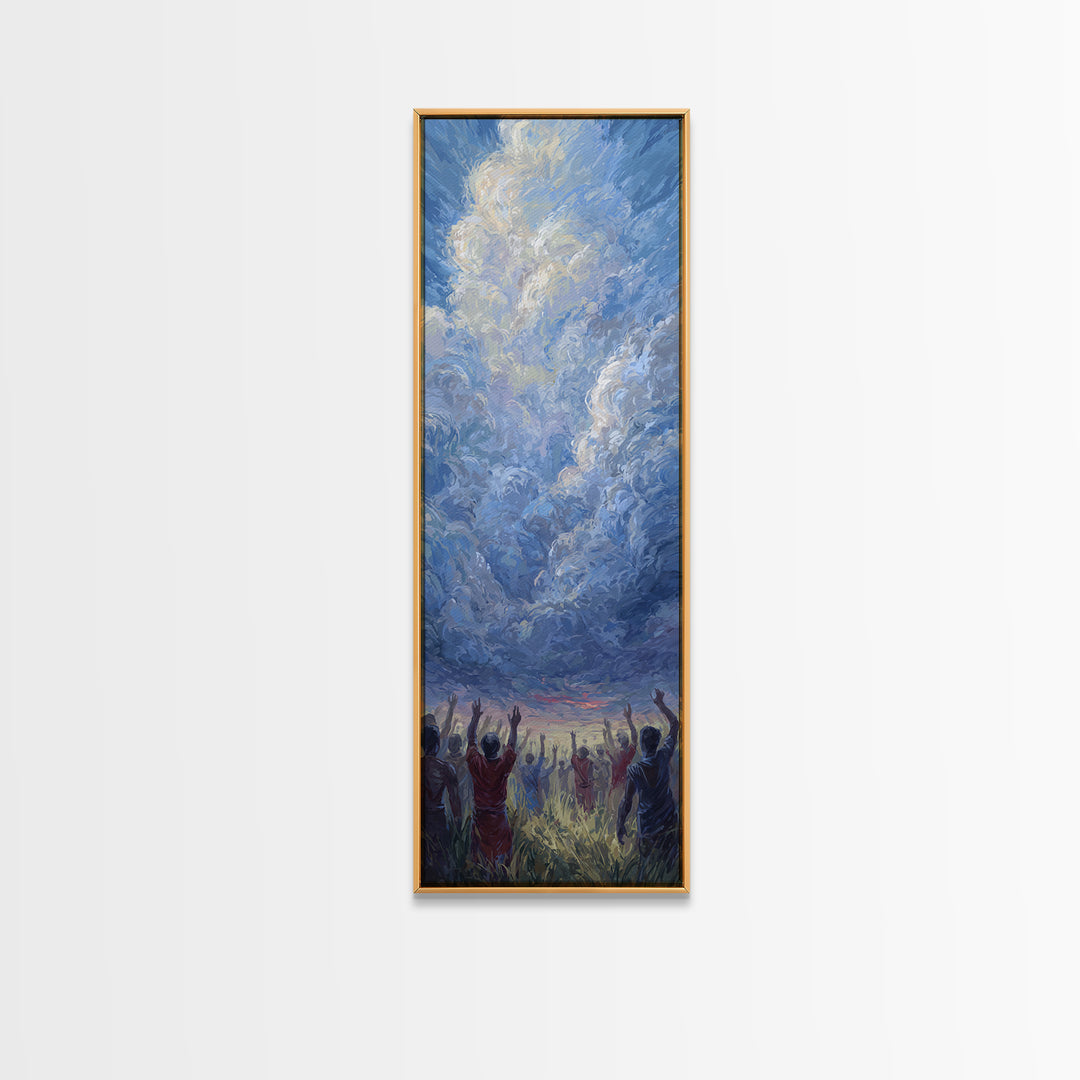 Expressive Blue Sky And Uplifted African Figures Wall Art, Afrocentric Decor, Spiritual Cloud Painting, Hopeful Gift For Home