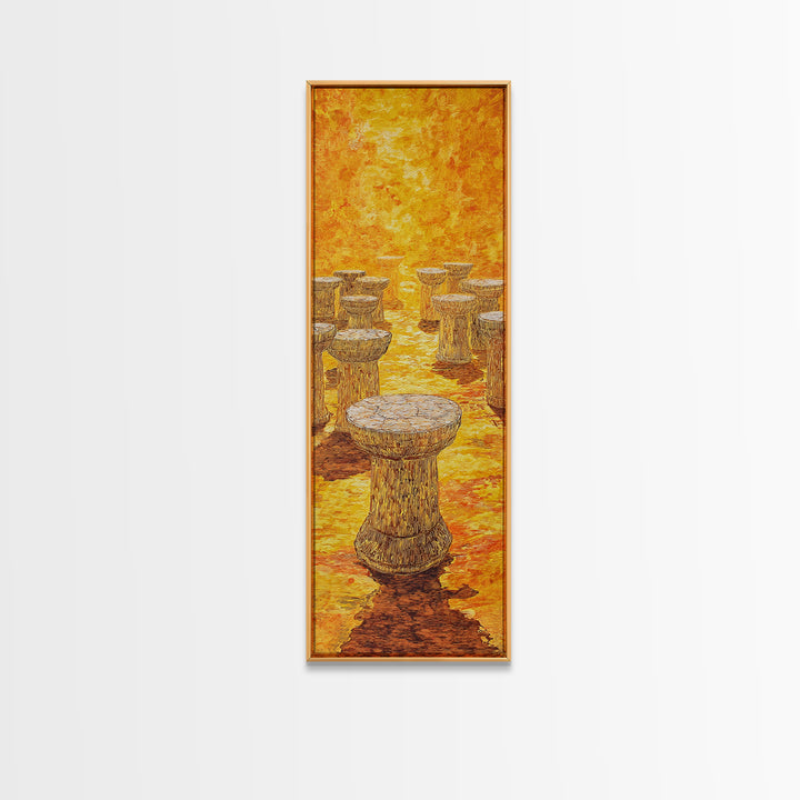 Golden African Stool Landscape Wall Art, Warm Orange Textured Painting, Unique Canvas Decor For Safari Inspired Home Decor