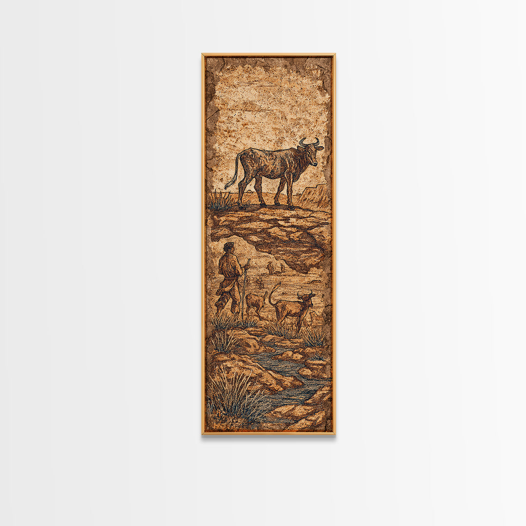 Ancient Cattle Herder Cave Painting Wall Art, African Safari Art Print, Rustic Tribal Landscape Decor For Home Office Decor