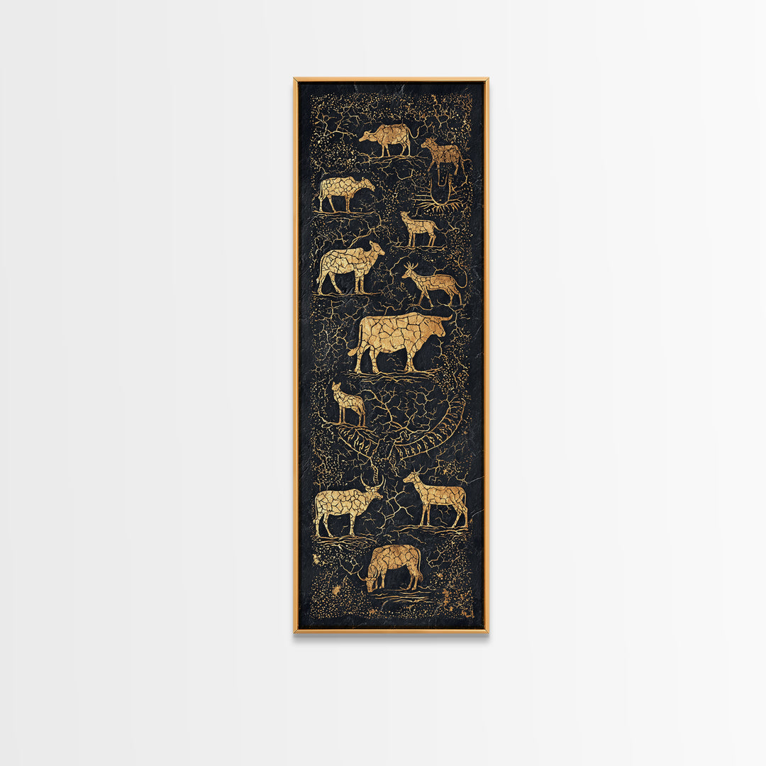 Gold Animal Silhouette African Safari Wall Art, Black Crackle Wildlife Canvas Decor, Tribal Art Print For Living Room Home Decor