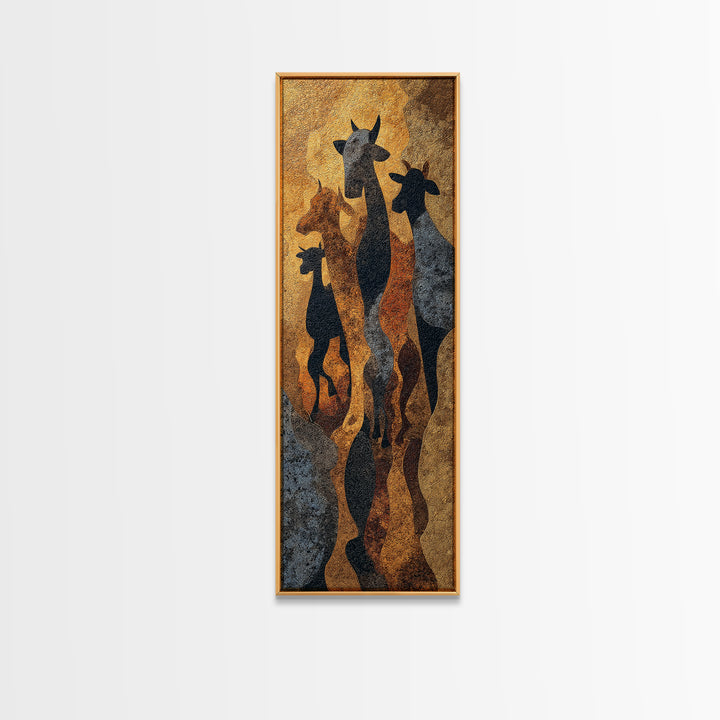 Giraffe Family Silhouette Canvas Print, African Safari Art, Warm Gold Black Wall Decor For Nursery Living Room Home Decor Gift