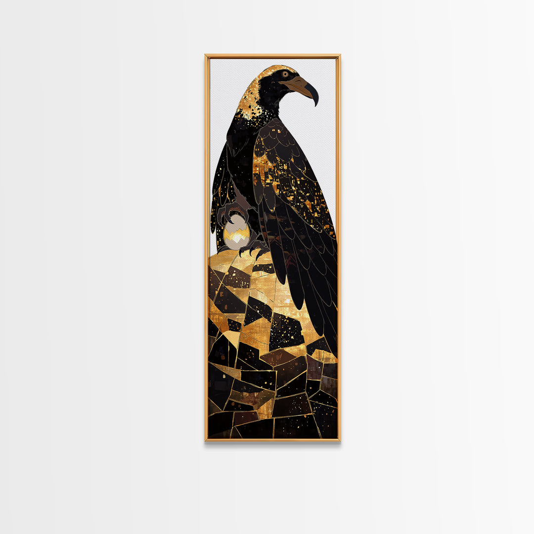 Black And Gold Falcon On Rocks Canvas Print, African Animal Art, Luxury Bird Portrait, Modern Geometric Wall Decor Unique Gift