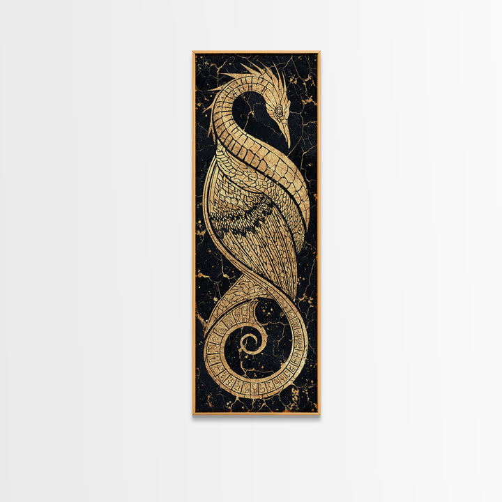 Gold Crane Heron Line Art Canvas Print, Black And Gold African Inspired Bird, Elegant Tribal Luxury Geometric Wall Decor Gift