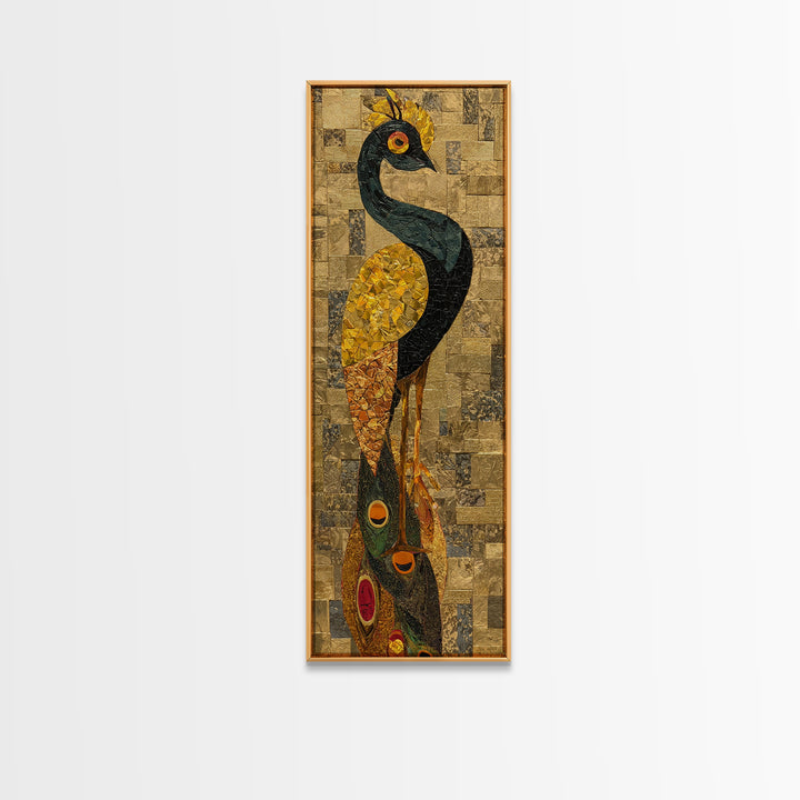Tall Peacock Tribal Bird Framed Canvas Print, African Inspired Gold Mosaic Portrait, Elegant Cultural Wall Home Decor Gift