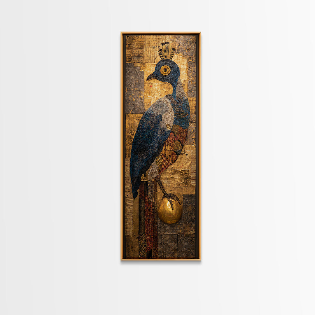 Blue Gold Peacock Portrait Canvas Print, African Inspired Bird Art, Textured Mixed Media, Luxury Elegant Home Wall Decor Gift