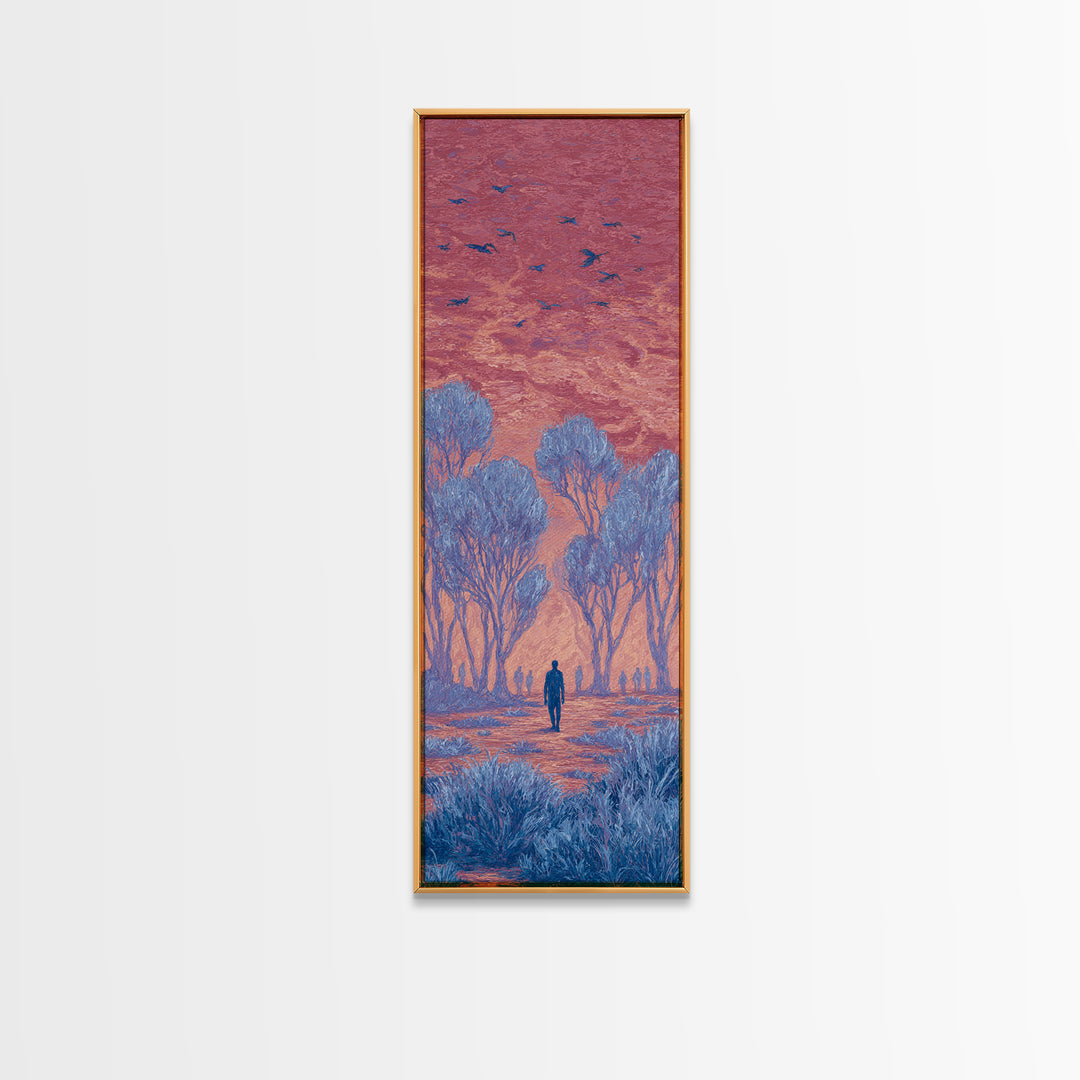 Pink Sunset Landscape Canvas Print, African Landscape, Dreamy Wall Art, Nature Scene Art, Blue Trees, Birds, Large Decor Art