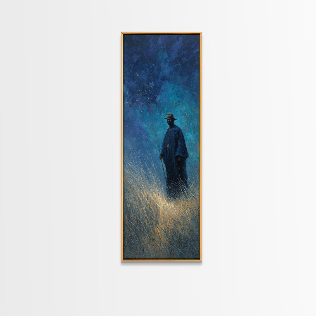 Blue Night Wanderer Wall Art, African Portrait, Mystical Wall Art, Spiritual Canvas Print, Dreamy Grassland Home Decor Gift
