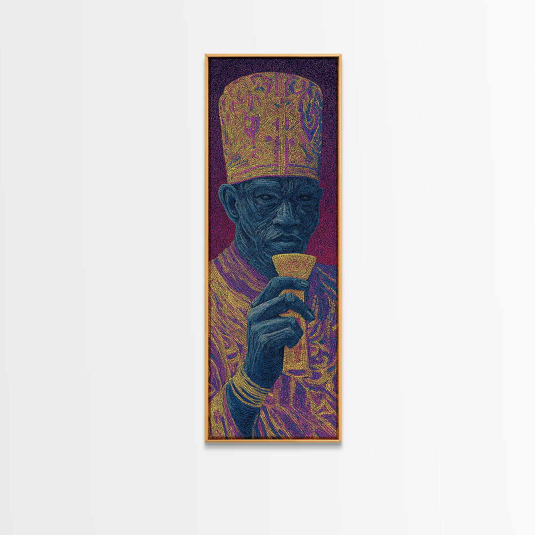 Ornate Blue Elder Drinking Tea Wall Art, African Portrait, Contemporary Canvas, Pointillist Black Art, Bold Home Decor Gift