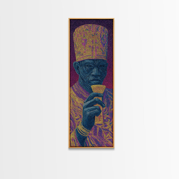 Ornate Blue Elder Drinking Tea Wall Art, African Portrait, Contemporary Canvas, Pointillist Black Art, Bold Home Decor Gift