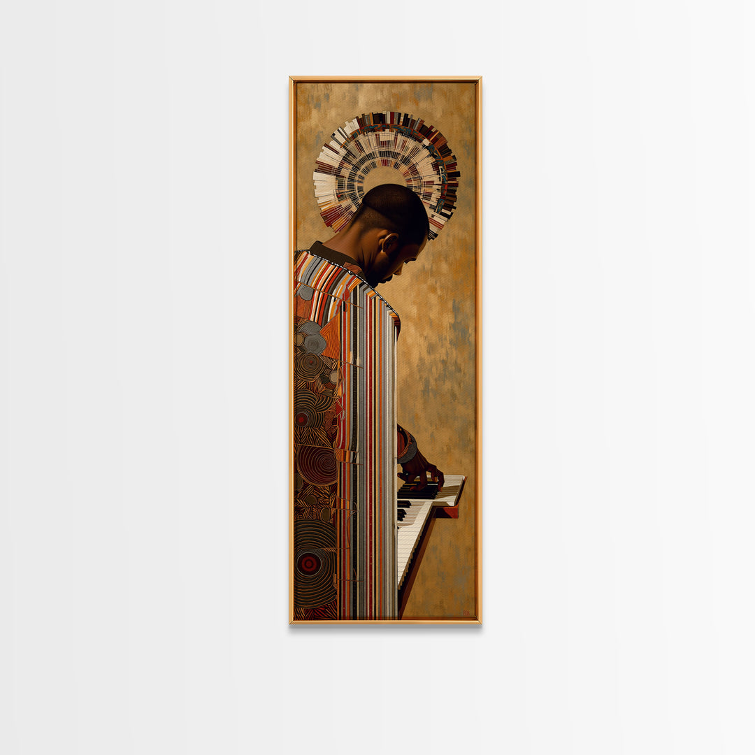 African Pianist With Halo Headdress Wall Art, Afrocentric Portrait, Black Culture Decor, Modern African Art, Music Room Canvas