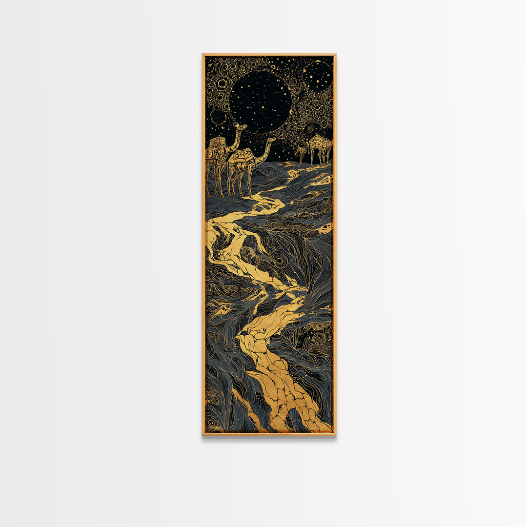 Golden Moon Elephants In Cosmic River Wall Art, African Safari Art, Black And Gold Decor, Mystical Landscape, Statement Print