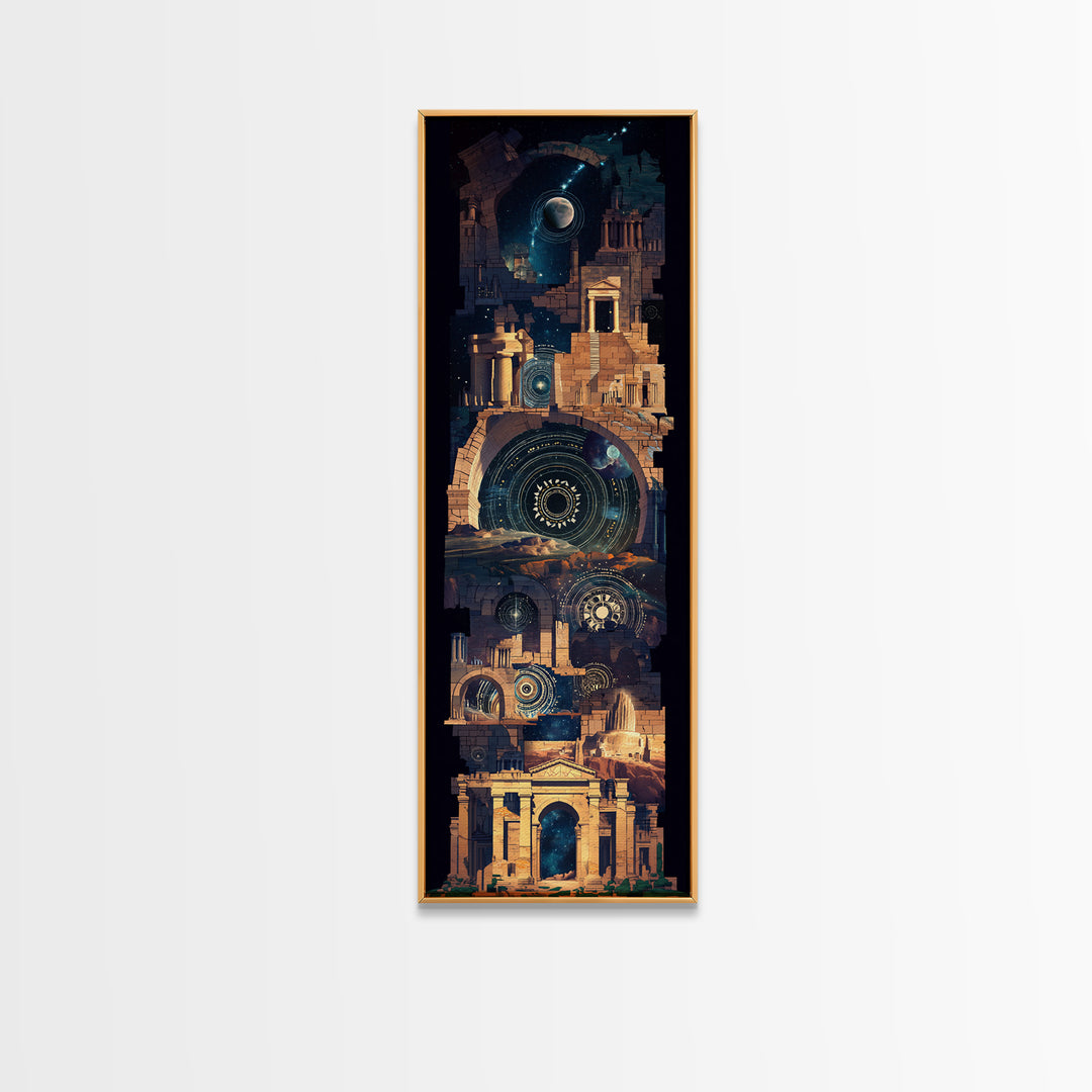 Ancient Temple Night Wall Art, Mystical Ruins Under Moon, African Inspired Architecture, Spiritual Blue Gold Home Decor Gift