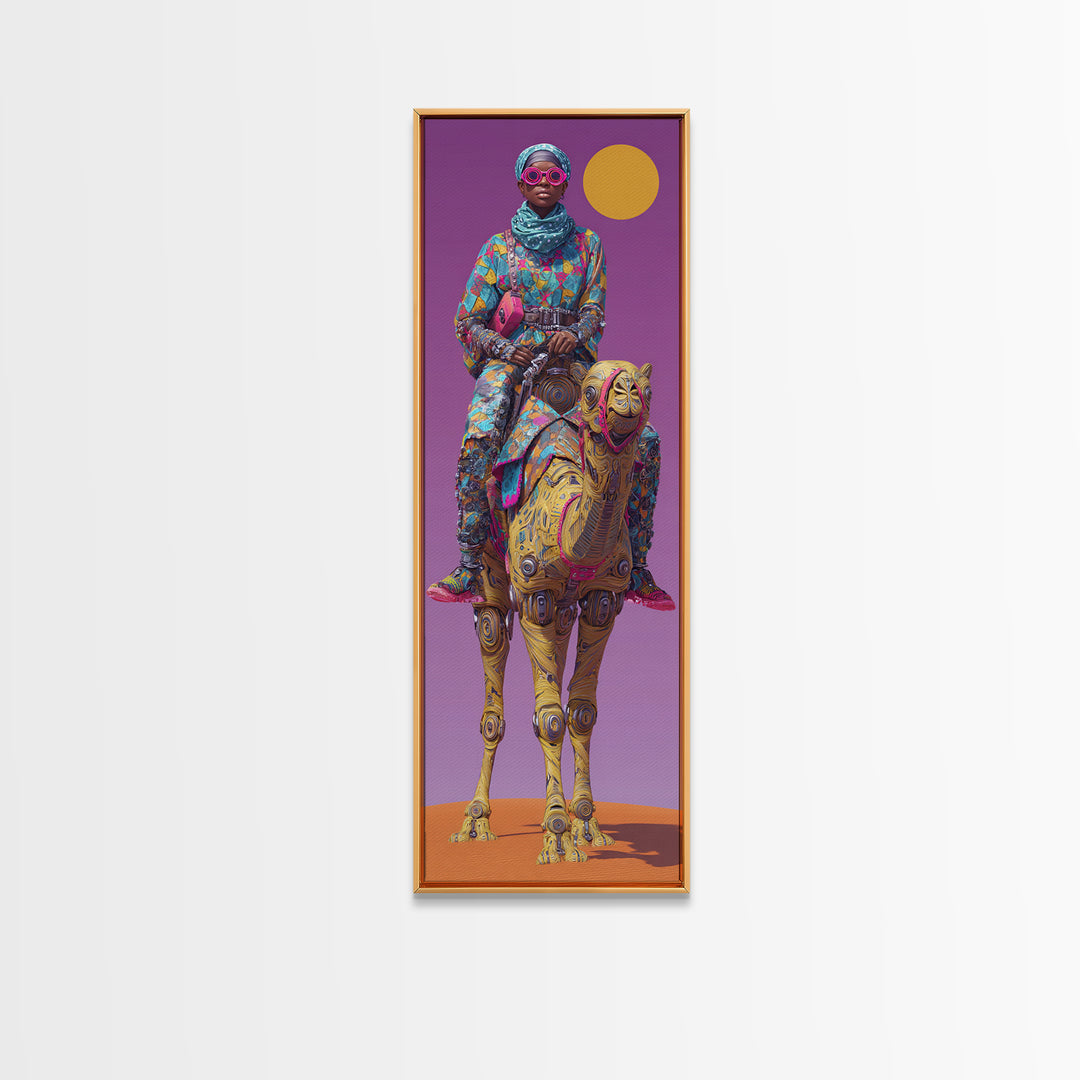 Afrofuturist Woman On Robotic Camel Wall Art, African Queen Portrait, Modern African Art, Purple Orange Desert Decor Print