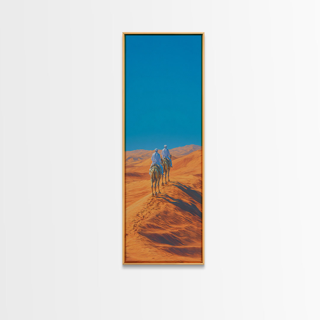 Blue Nomad Riders Crossing Orange Desert Dunes Wall Art, African Safari Decor, Modern Canvas, Boho Living Room Artwork Prints