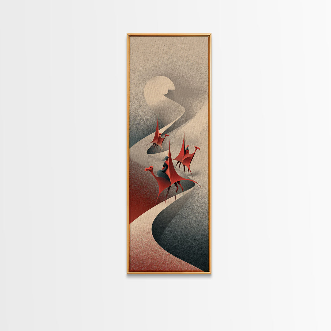 Red Crowned Birds On Winding Moonlit River Canvas Print, Abstract African Art, Elegant Boho Wall Decor, Modern Home Gift