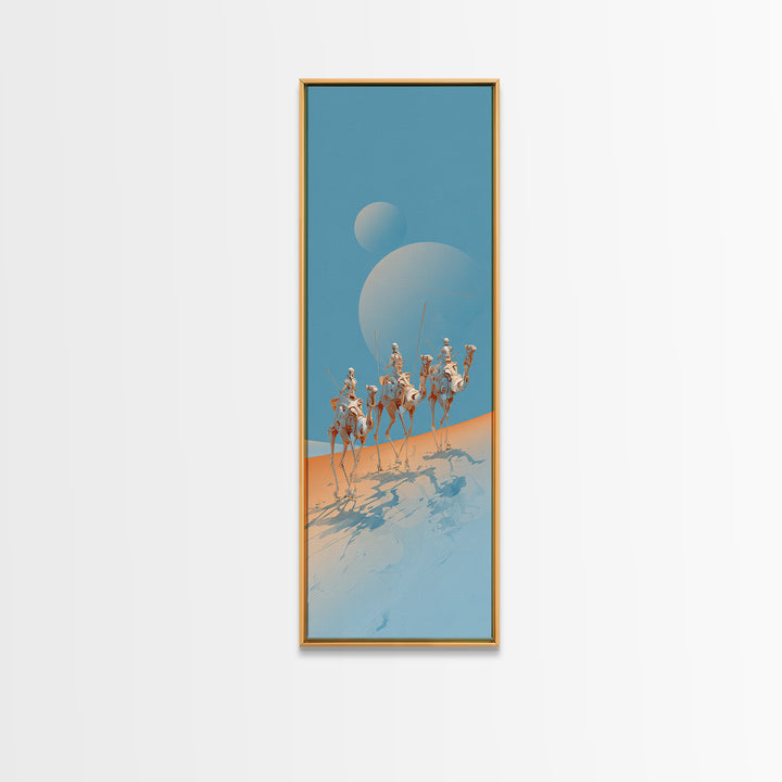 White Camel Riders Beneath Pale Blue Moons Framed Canvas Print, African Safari Art, Dreamy Desert Decor, Unique Wall Artwork