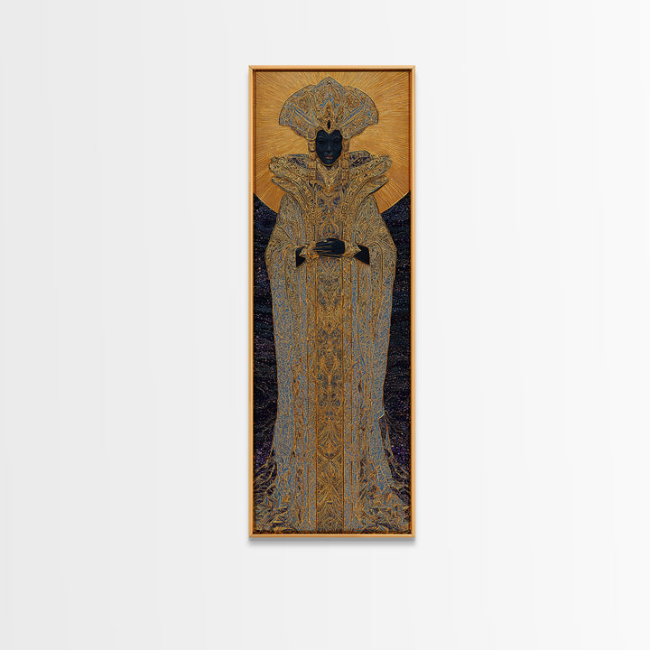 Regal Black Queen In Ornate Gold Robe Framed Canvas Print, African Woman Art, Afrocentric Decor, Luxury Portrait Wall Art