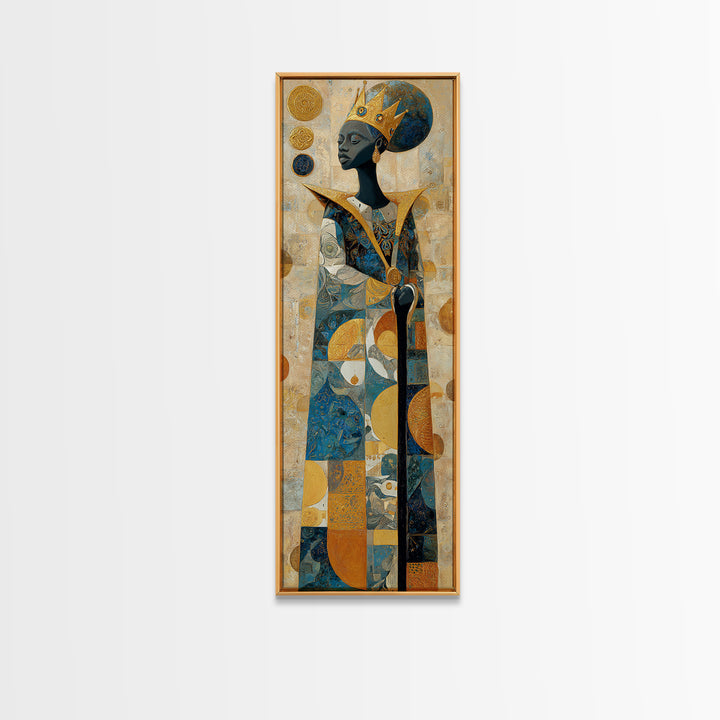 Crowned African Queen With Gold And Teal Geometry Canvas Print, Black Woman Art, Afrocentric Wall Decor, Elegant Home Gift