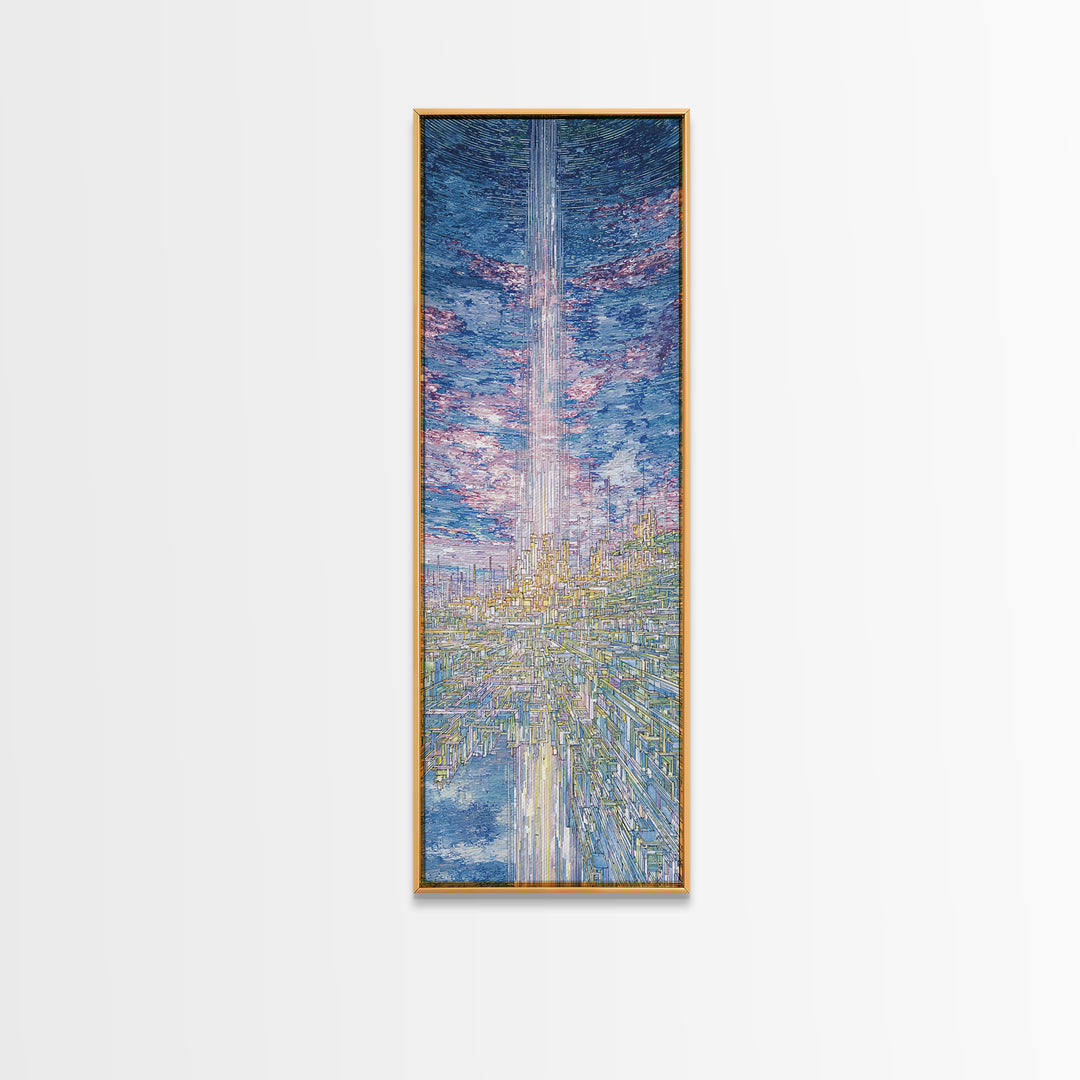 Radiant Sky Beam Utopia Framed Canvas Print, Futuristic City Wall Art, Blue Cloudscape, Dreamy Modern Home Decor, Large Decor Art
