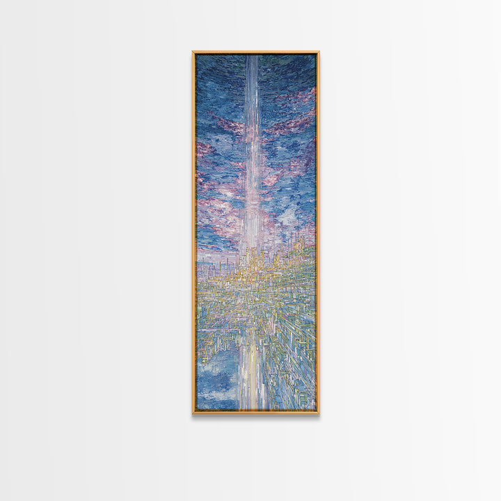 Radiant Sky Beam Utopia Framed Canvas Print, Futuristic City Wall Art, Blue Cloudscape, Dreamy Modern Home Decor, Large Decor Art