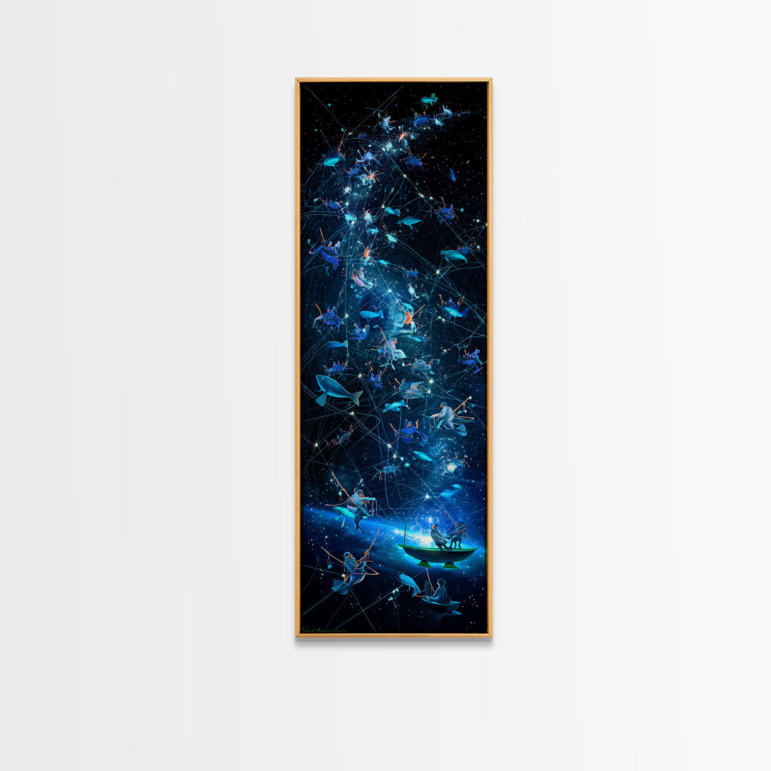 Glowing Fish Constellation Wall Art, Cosmic Ocean Canvas Print, Blue Galaxy Sea Life, Dreamy Nautical Modern Decor, Large Decor Art