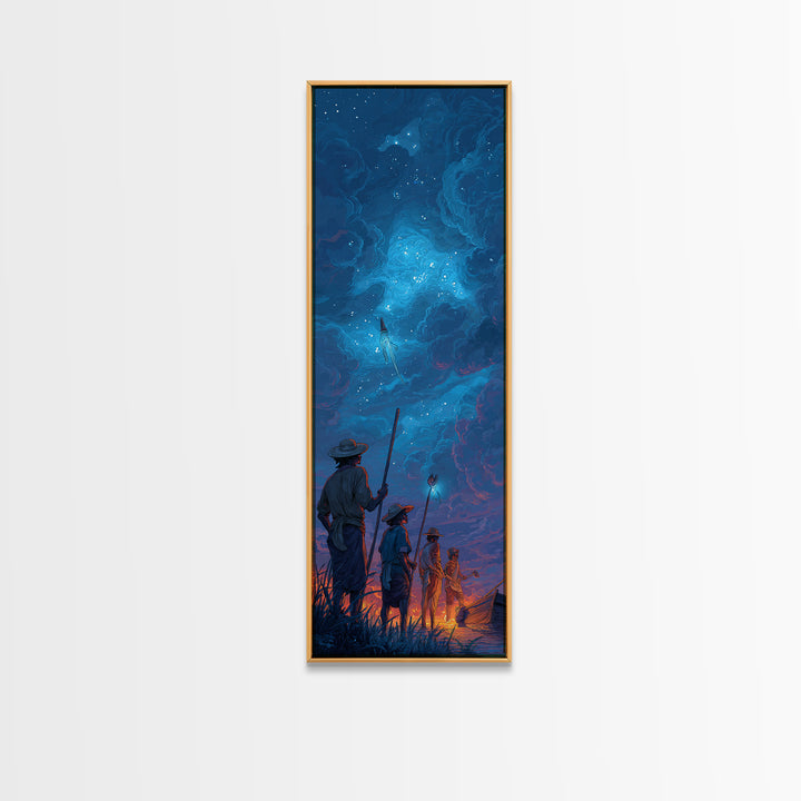 Starry Blue Storm Watchers Wall Art, Fantasy Cloudscape Canvas Print, Silhouette Adventure Decor, Mystical Night Sky, Dreamy Wall Art