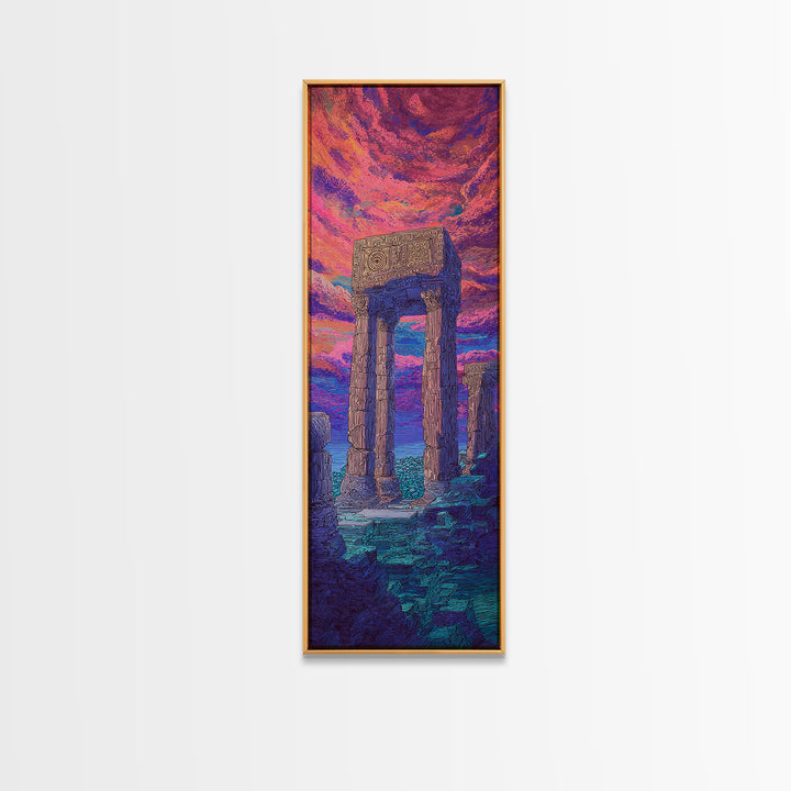 Ancient Stone Portal At Neon Sea Wall Art, Surreal Ruins Landscape, African Inspired Decor, Fantasy Sunset Canvas Print Gift