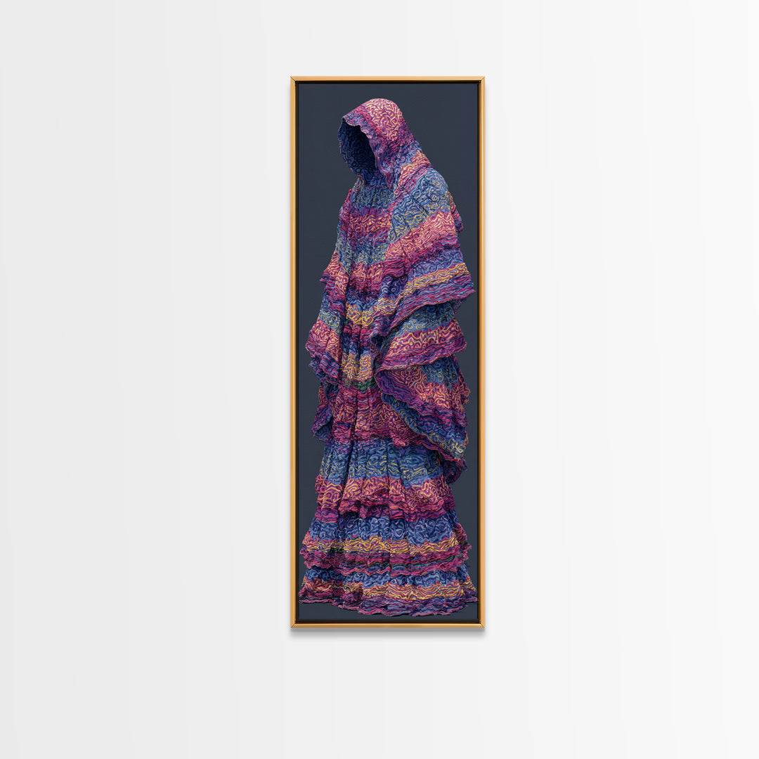 Hooded Indigo Textile Woman Canvas Print, African Woman Art, Pink Blue Patterned Robe, Feminine Boho Wall Decor Gift For Her