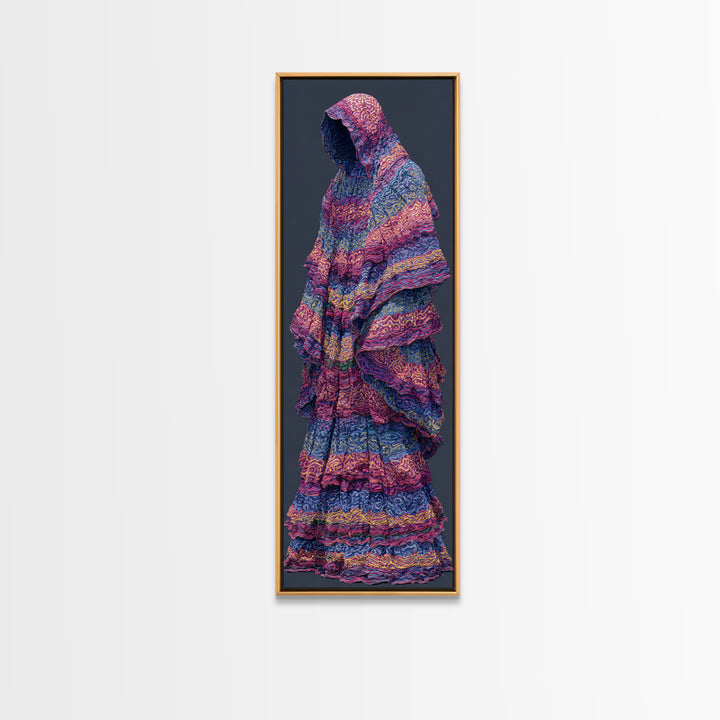 Hooded Indigo Textile Woman Canvas Print, African Woman Art, Pink Blue Patterned Robe, Feminine Boho Wall Decor Gift For Her