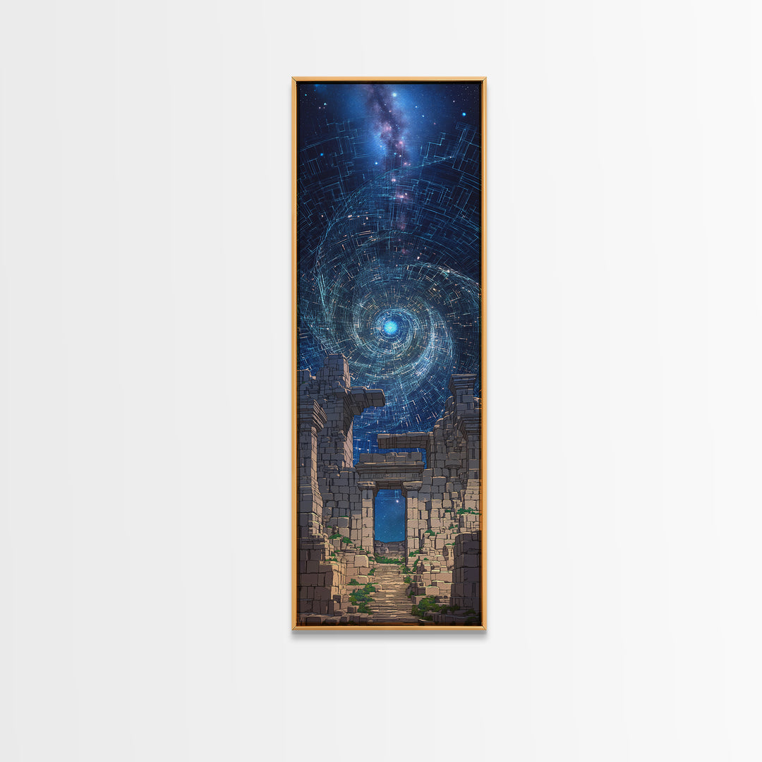 Cosmic Spiral Portal Over Ancient Ruins Canvas Print, Starry Galaxy Wall Decor, Mystical Wall Art, Blue Fantasy Gift For Her