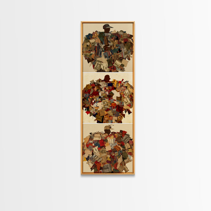 Patchwork Collage Figure Triptych Wall Art, African Fabric Abstract Portraits, Boho Textile Decor, Modern Canvas Print Gift