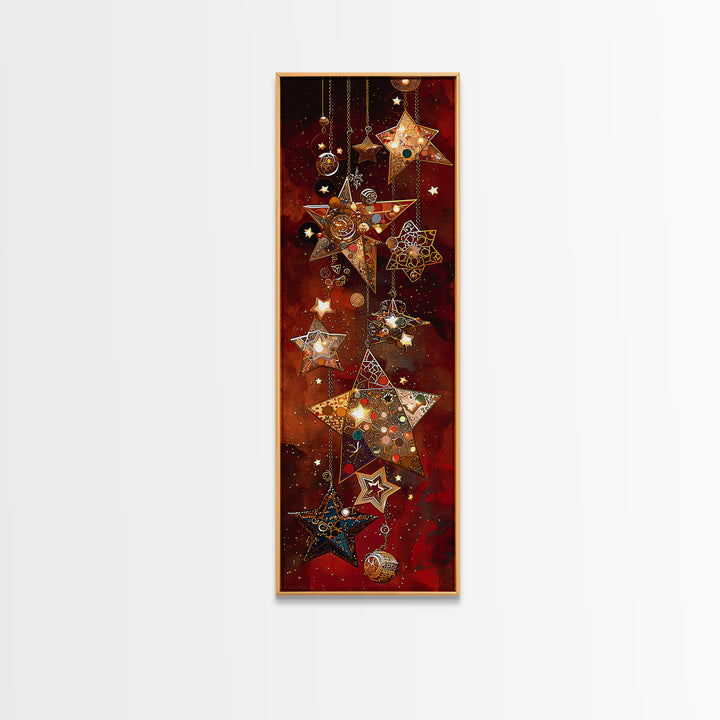 Hanging Mosaic Star Ornaments Framed Canvas Print, Red Celestial Wall Art, Holiday Decor, Bohemian Home Decor Gift For Her