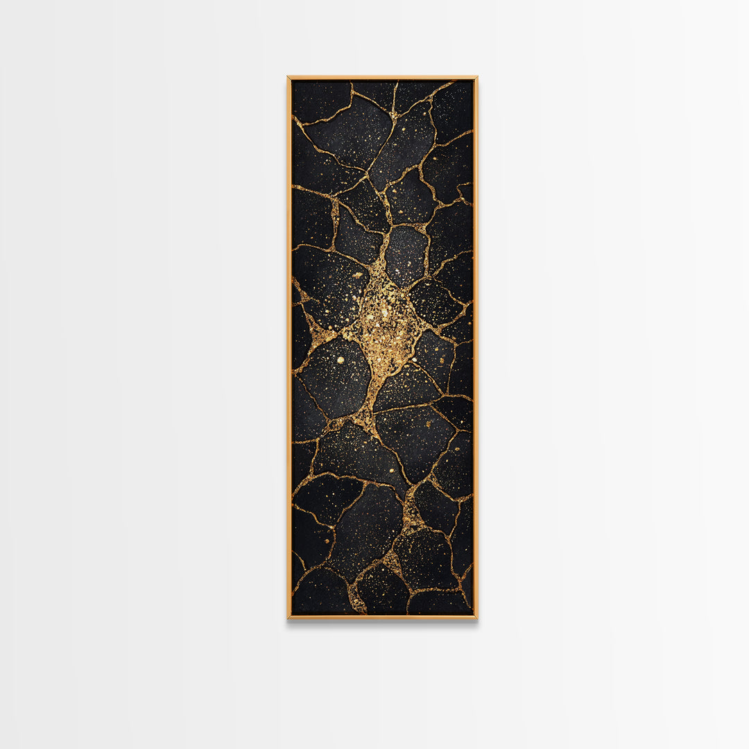 Black Gold Kintsugi Crackle Wall Art, Abstract Stone Canvas Print, Luxury Modern Home Decor, Earth Tone Art Gift For Living Room