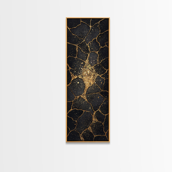 Black Gold Kintsugi Crackle Wall Art, Abstract Stone Canvas Print, Luxury Modern Home Decor, Earth Tone Art Gift For Living Room