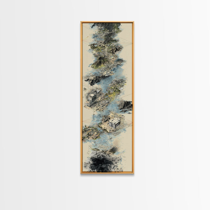 Floating Temple Ruins In Misty Clouds Framed Canvas Print, Ancient African Art Decor, Beige Abstract Landscape Wall Art Gift