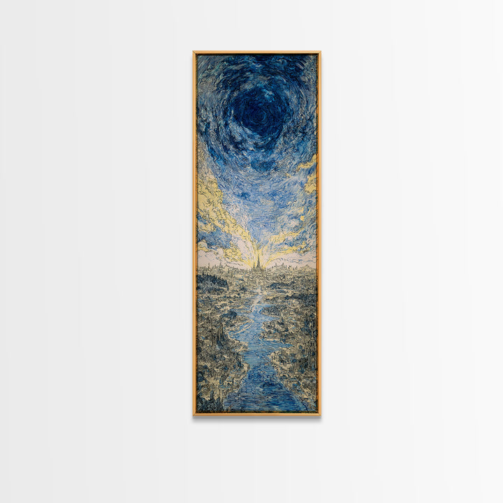 Blue Vortex Sky Above River Valley Wall Art, Abstract Landscape Canvas Print, Modern Nature Scene Art, Dreamy Home Decor