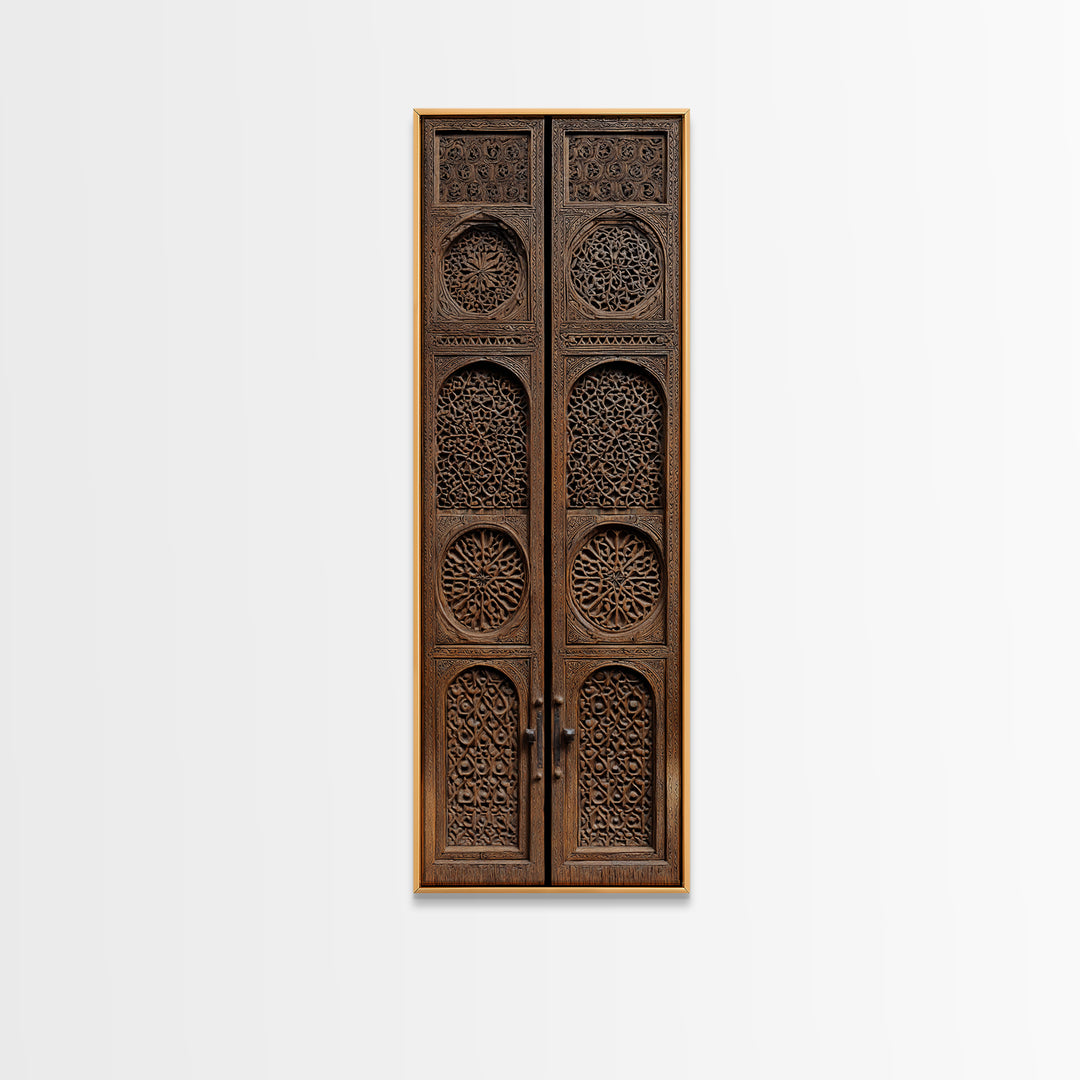 Intricate Antique Wooden Door Canvas Print, Moroccan African Wall Art, Tribal Pattern Decor, Bohemian Home Decor Statement