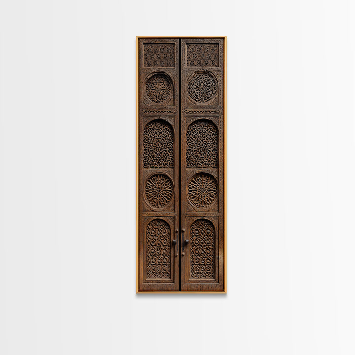 Intricate Antique Wooden Door Canvas Print, Moroccan African Wall Art, Tribal Pattern Decor, Bohemian Home Decor Statement