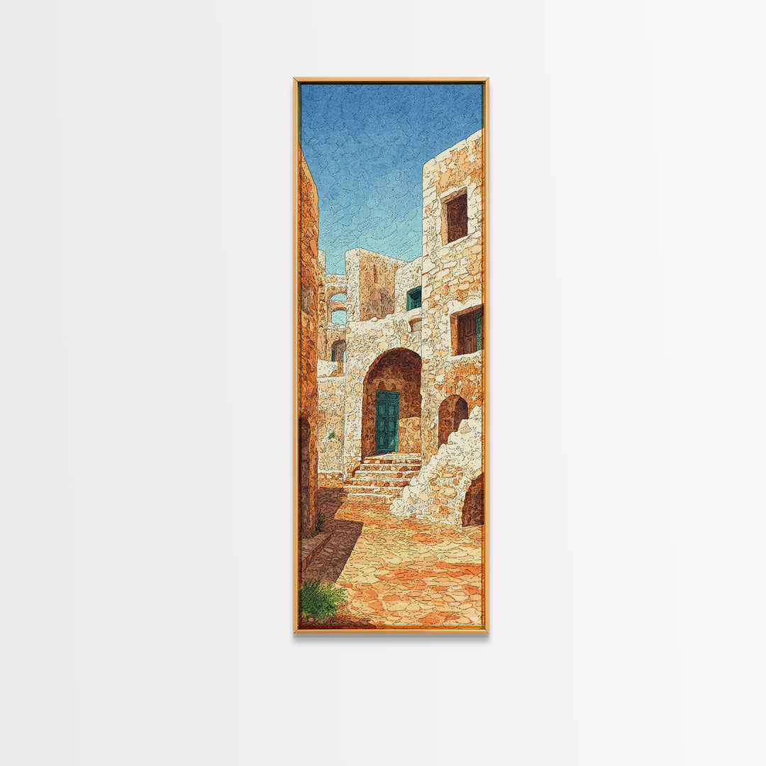 Sunlit Stone Medina Alley Canvas Print, Moroccan Blue Door Wall Art, African Travel Decor, Rustic Beige Home Decor Gift Print