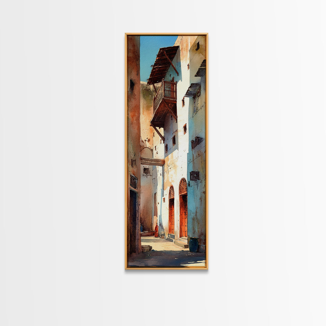 Narrow Old Town Alley Framed Canvas Print, Moroccan Street Wall Art, African Inspired Rustic Decor, Mediterranean Home Gift
