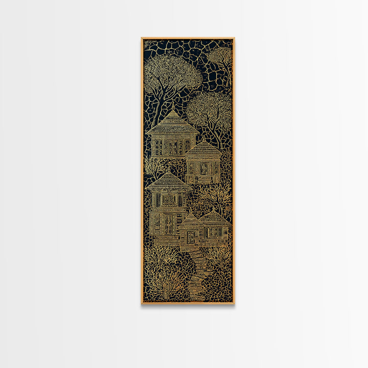 Golden Line Art Village House Canvas Print, African Inspired Black And Gold Wall Art, Boho Tribal Decor, Unique Home Decor