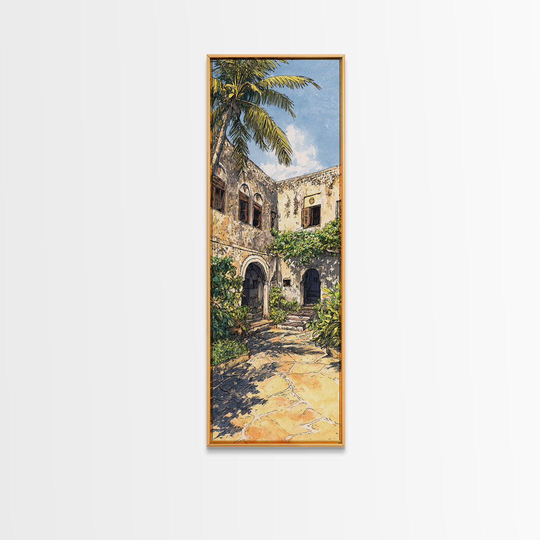 Tropical Ruin Courtyard Wall Art, Zanzibar Palm Architecture Canvas Print, African Travel Decor, Botanical Home Decor Gift