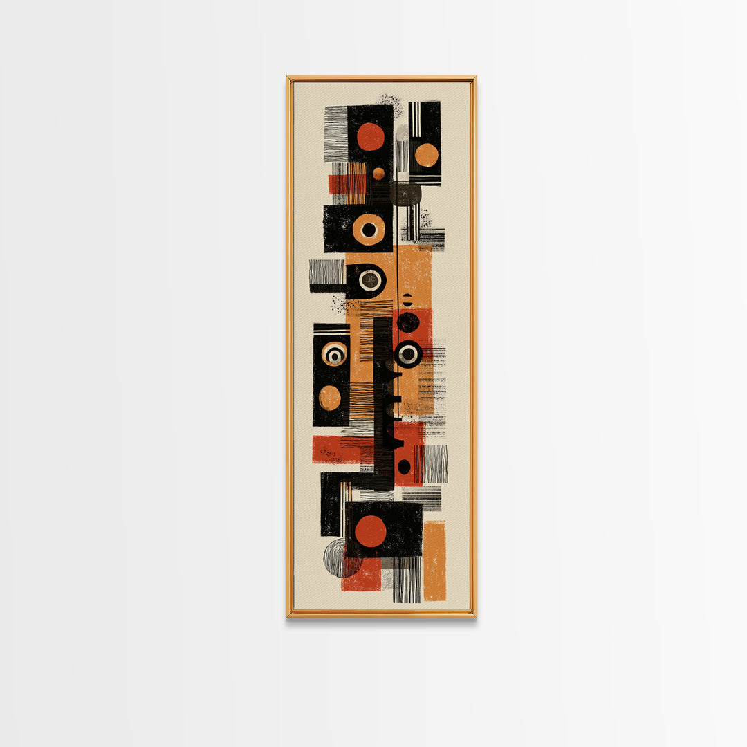 Orange Black Mid Century Geometric Blocks Canvas Print, Abstract African Inspired Wall Decor, Modern Minimalist Office Art