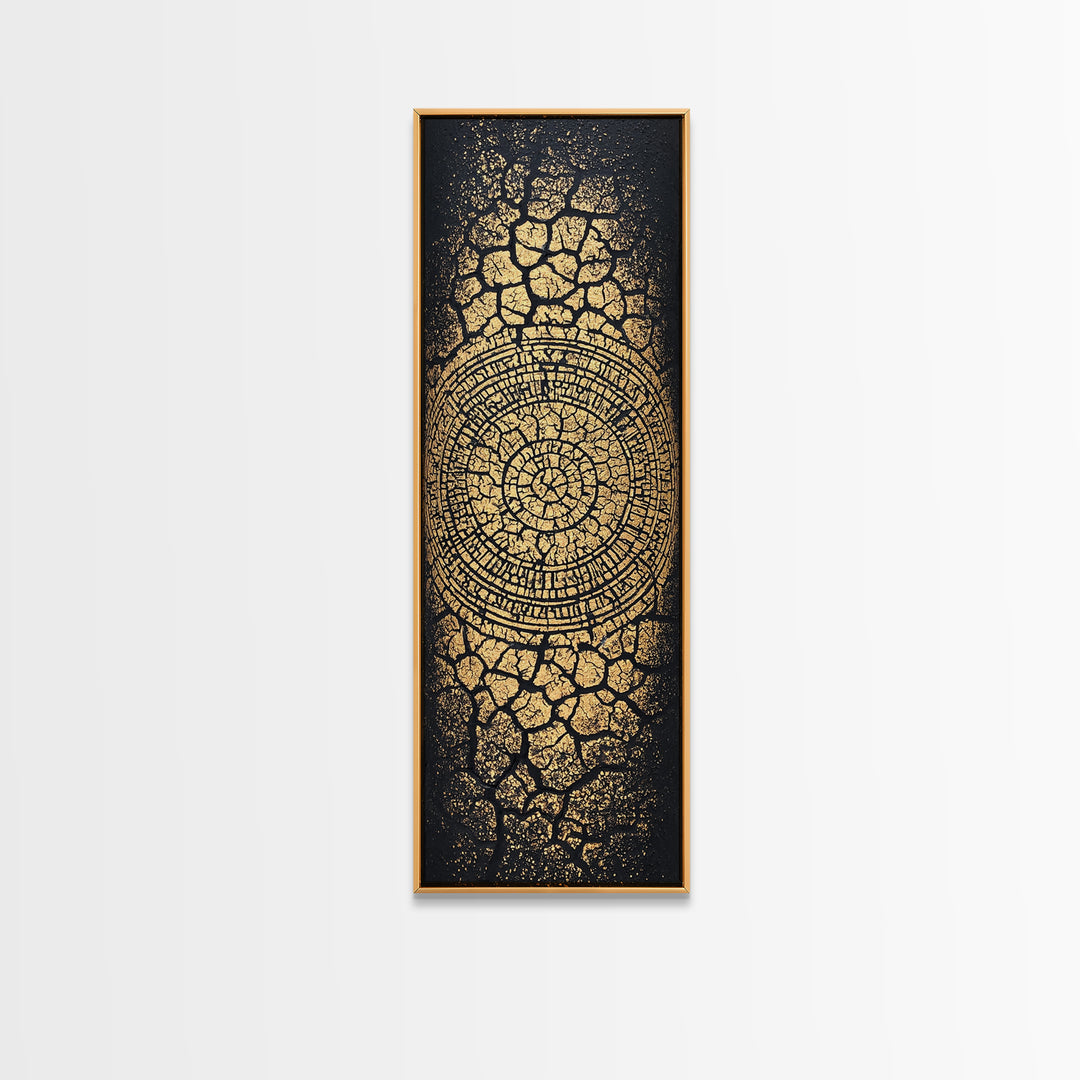 Gold Spiral On Black Cracked Texture Wall Art, African Inspired Abstract Canvas Print, Luxe Tribal Modern Home Decor Gift